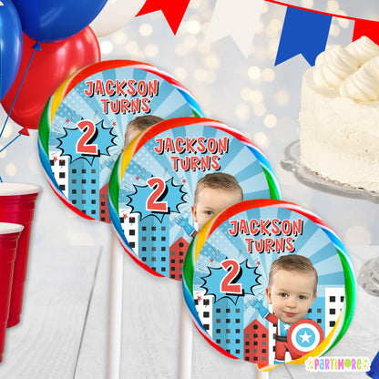 Personalized American Superhero Lollipop Round Stickers | Custom Comic Party Labels