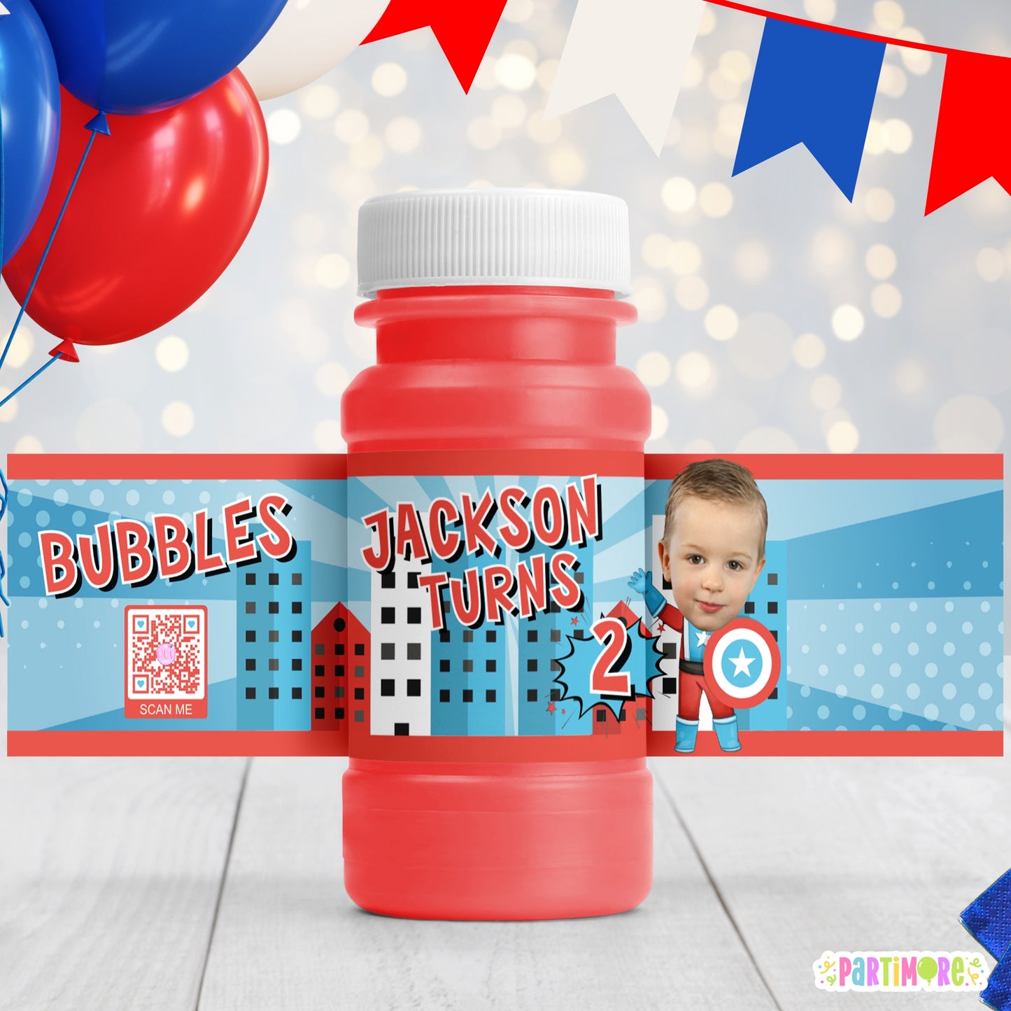 Personalized American Hero Bubble Bottle Labels | Superhero Party Stickers
