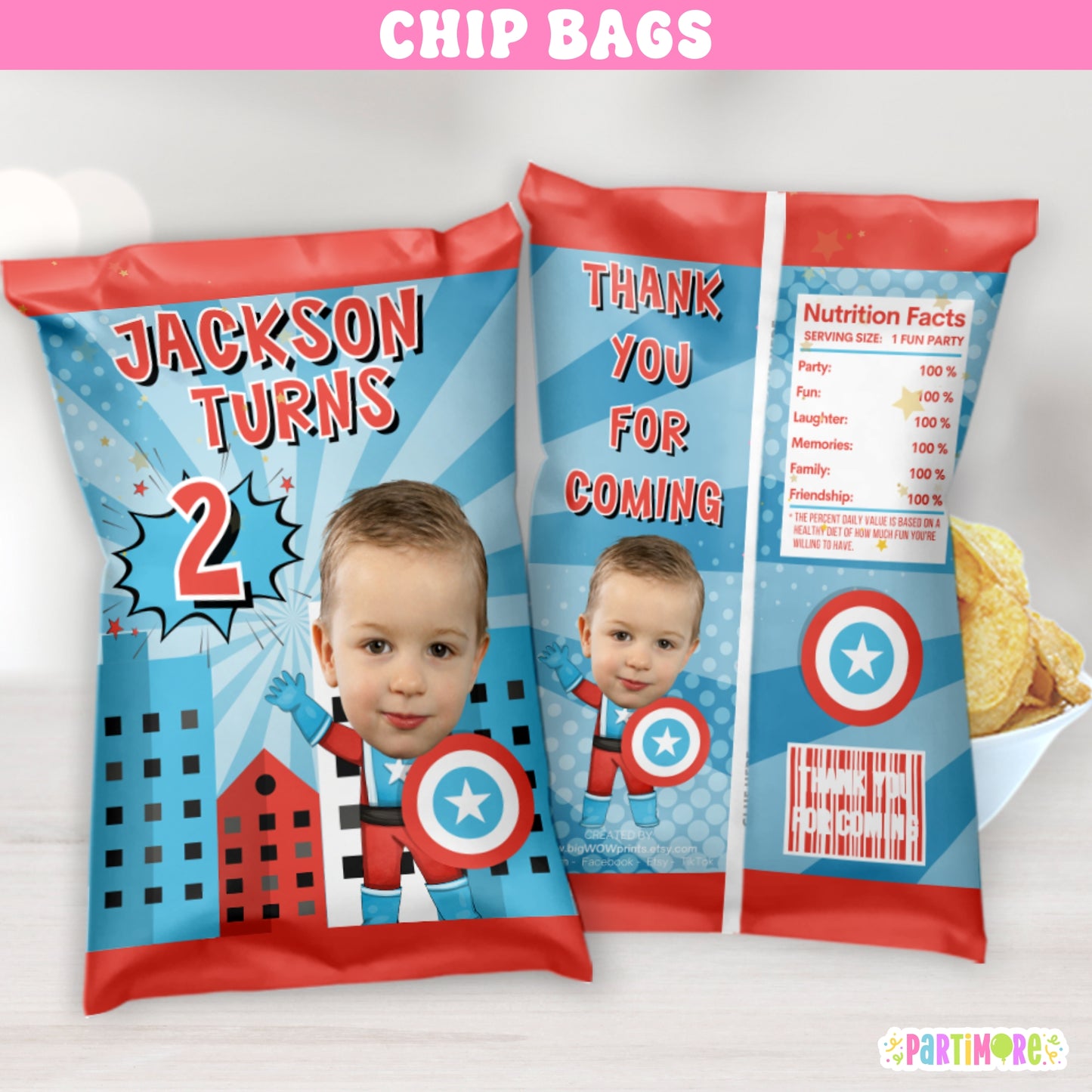 Personalized American Hero Chip Bags | Superhero Birthday Snack Bags | Custom Comic Party Favor