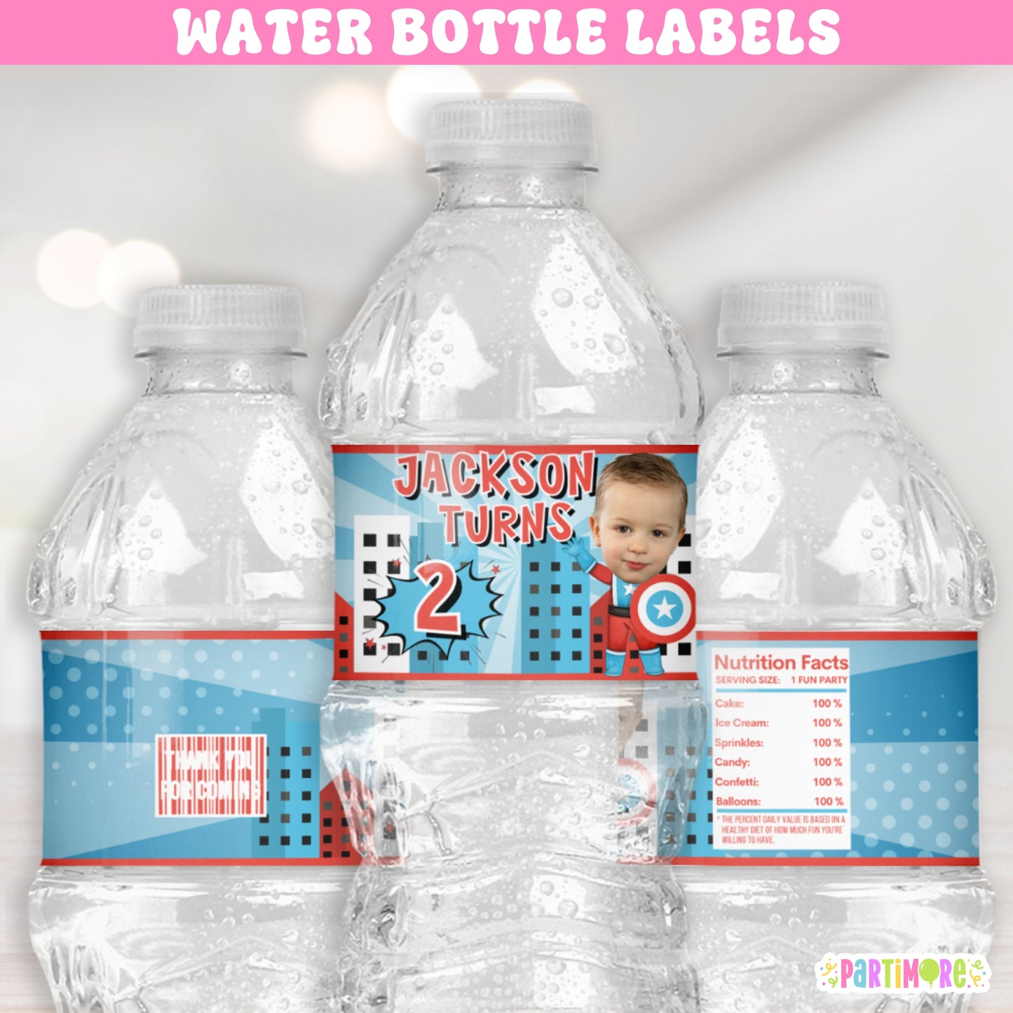 Custom Patriotic American Hero Water Bottle Labels | Personalized Superhero Birthday Party Favor Stickers For Boys Comic Party