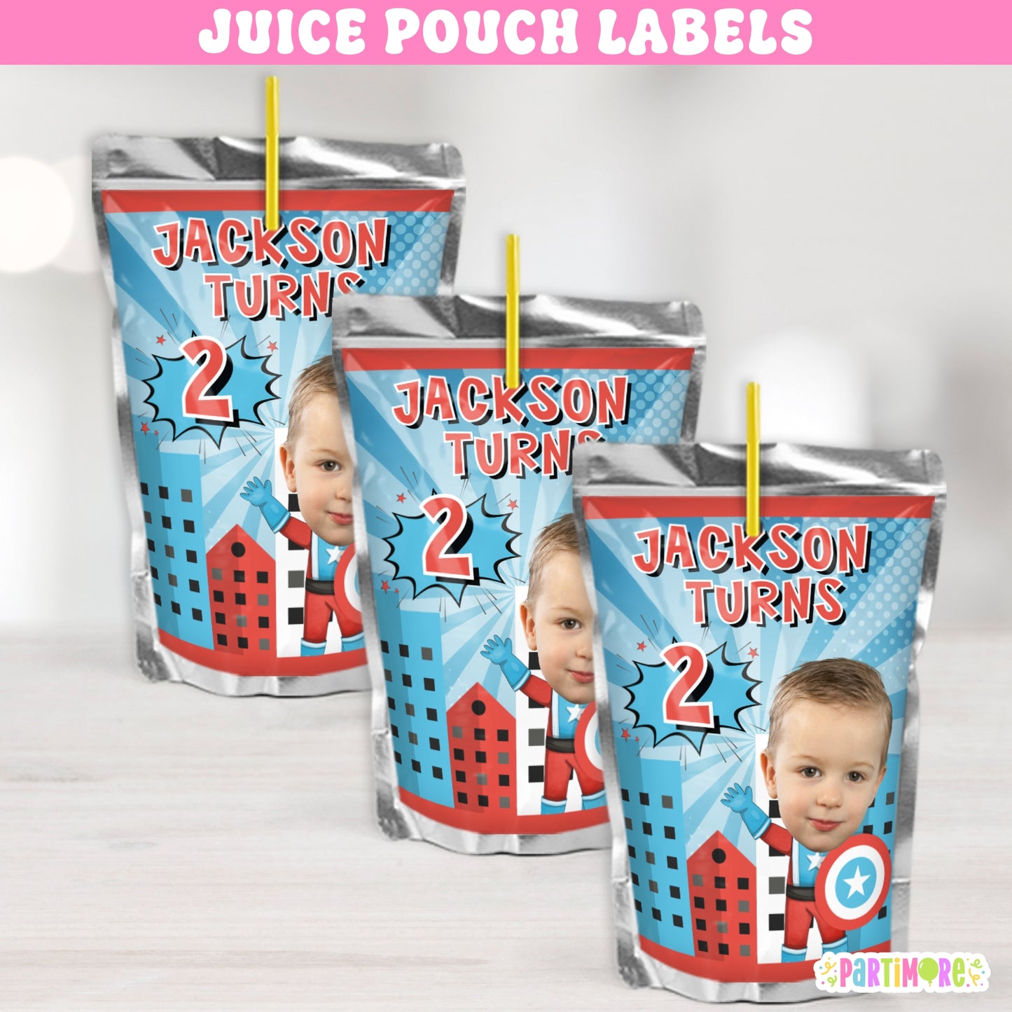 Custom American Hero Juice Labels | Personalized Boys Comic Birthday Party Favor Stickers