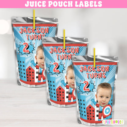 Custom American Hero Juice Labels | Personalized Boys Comic Birthday Party Favor Stickers
