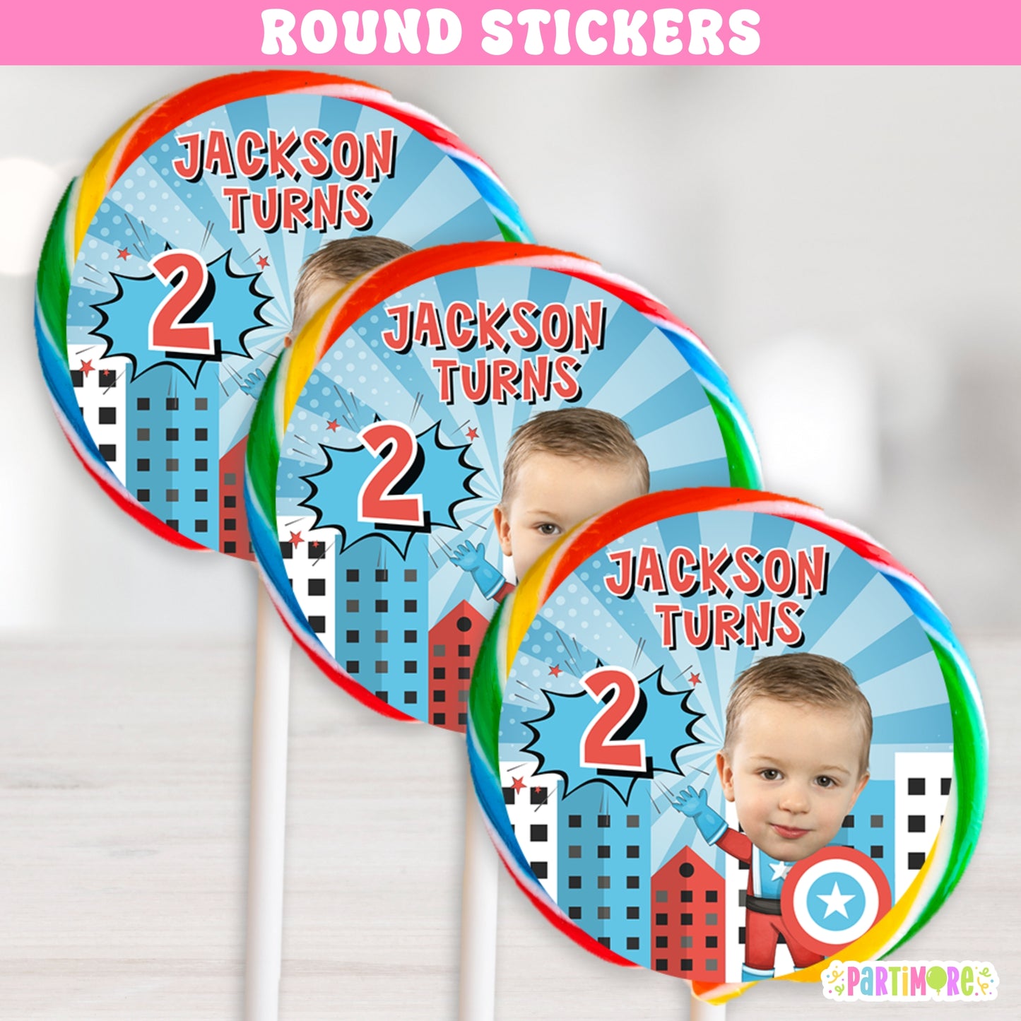 Personalized American Superhero Lollipop Round Stickers | Custom Comic Party Labels