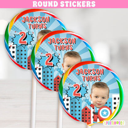 Personalized American Superhero Lollipop Round Stickers | Custom Comic Party Labels