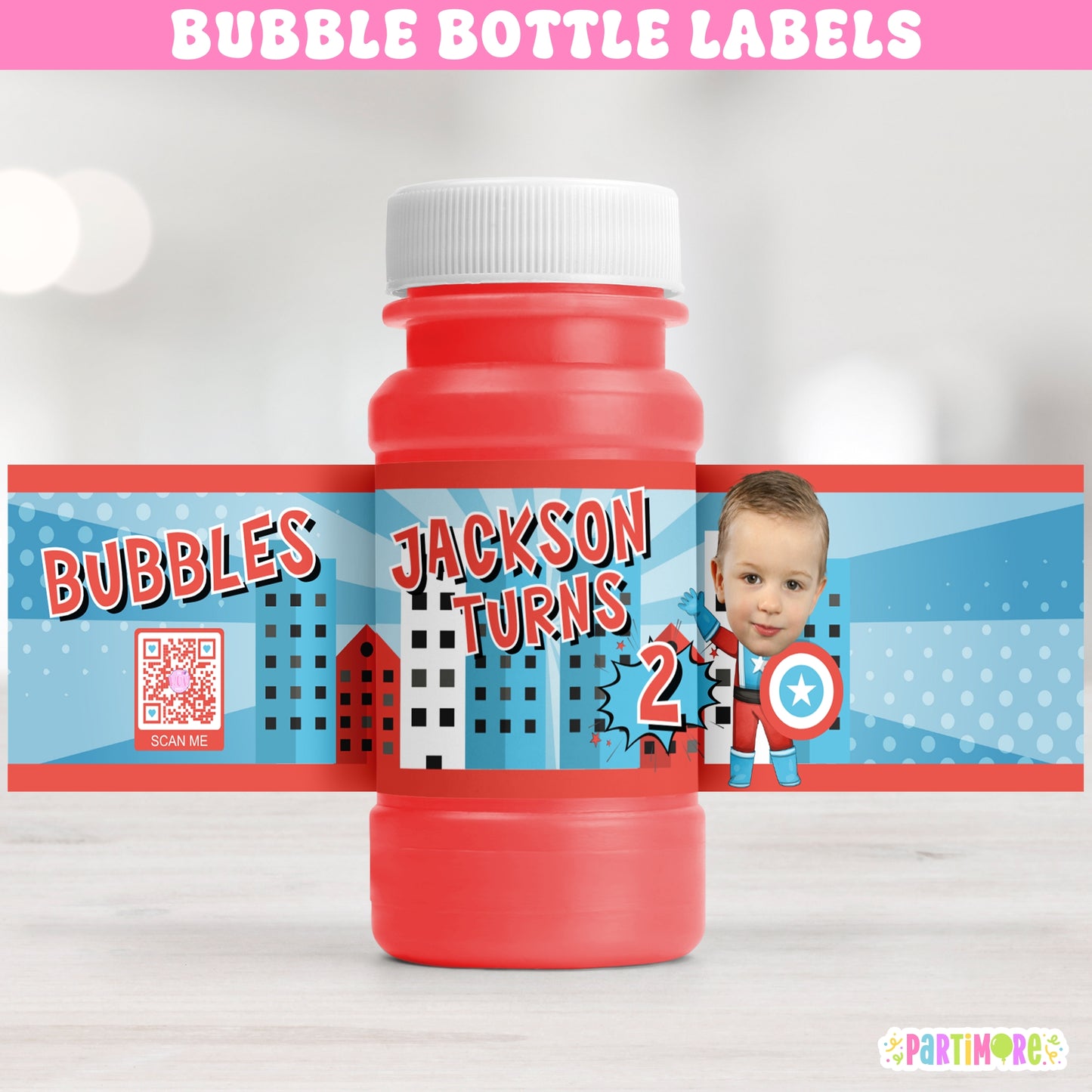 Personalized American Hero Bubble Bottle Labels | Superhero Party Stickers