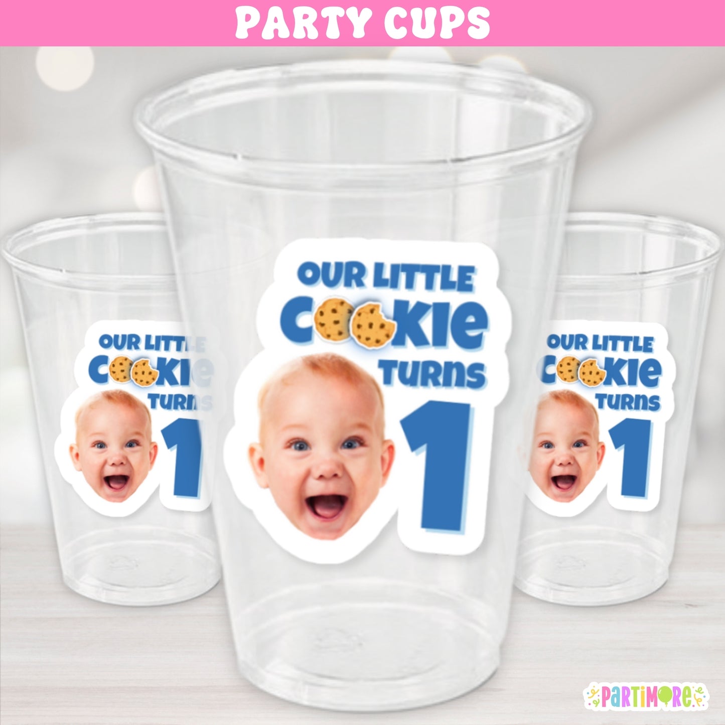 Cookie Birthday Party Cups, Personalized Birthday Cups With Picture, Cookie Birthday Cups, Boys First Birthday Party Decorations