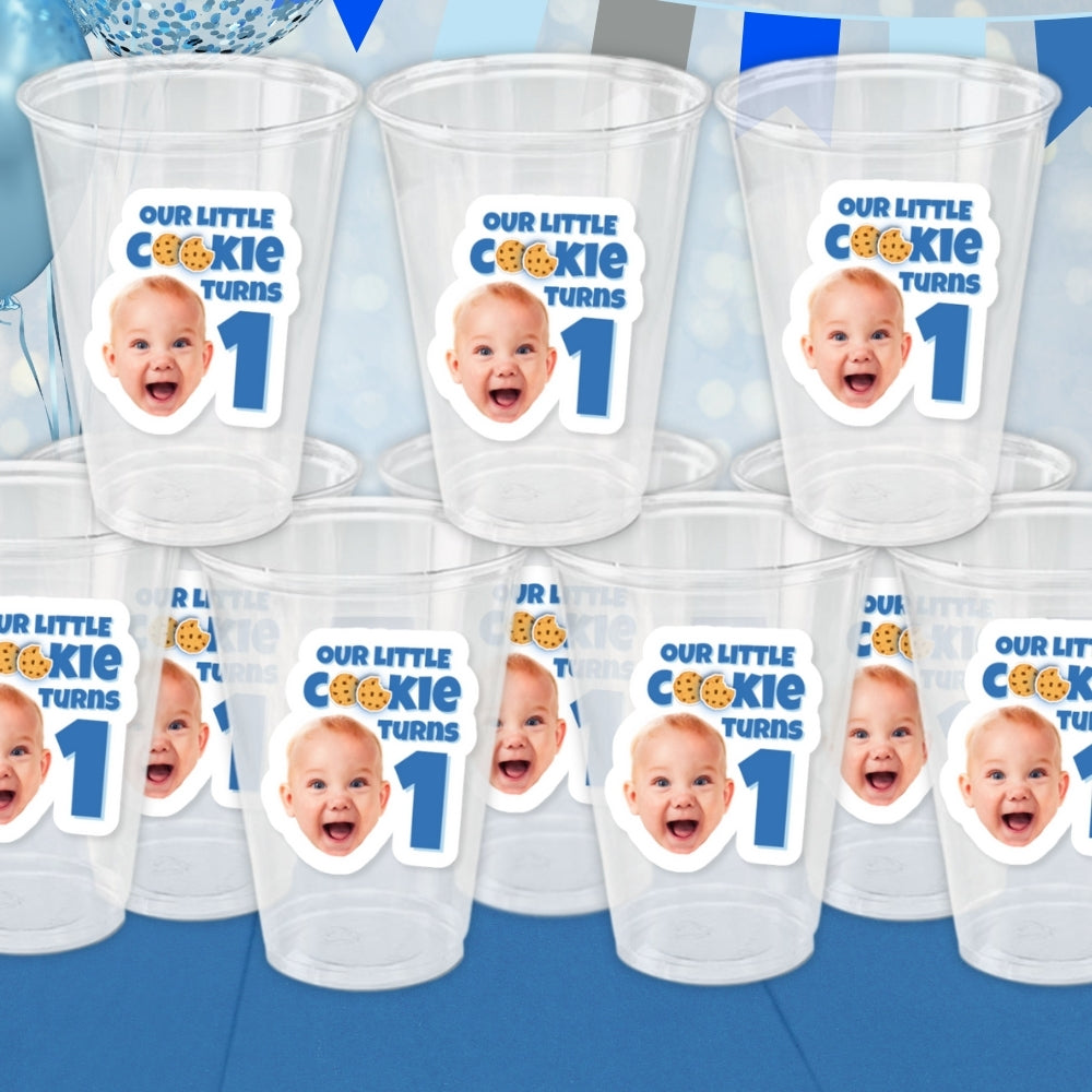 Cookie Birthday Party Cups, Personalized Birthday Cups With Picture, Cookie Birthday Cups, Boys First Birthday Party Decorations
