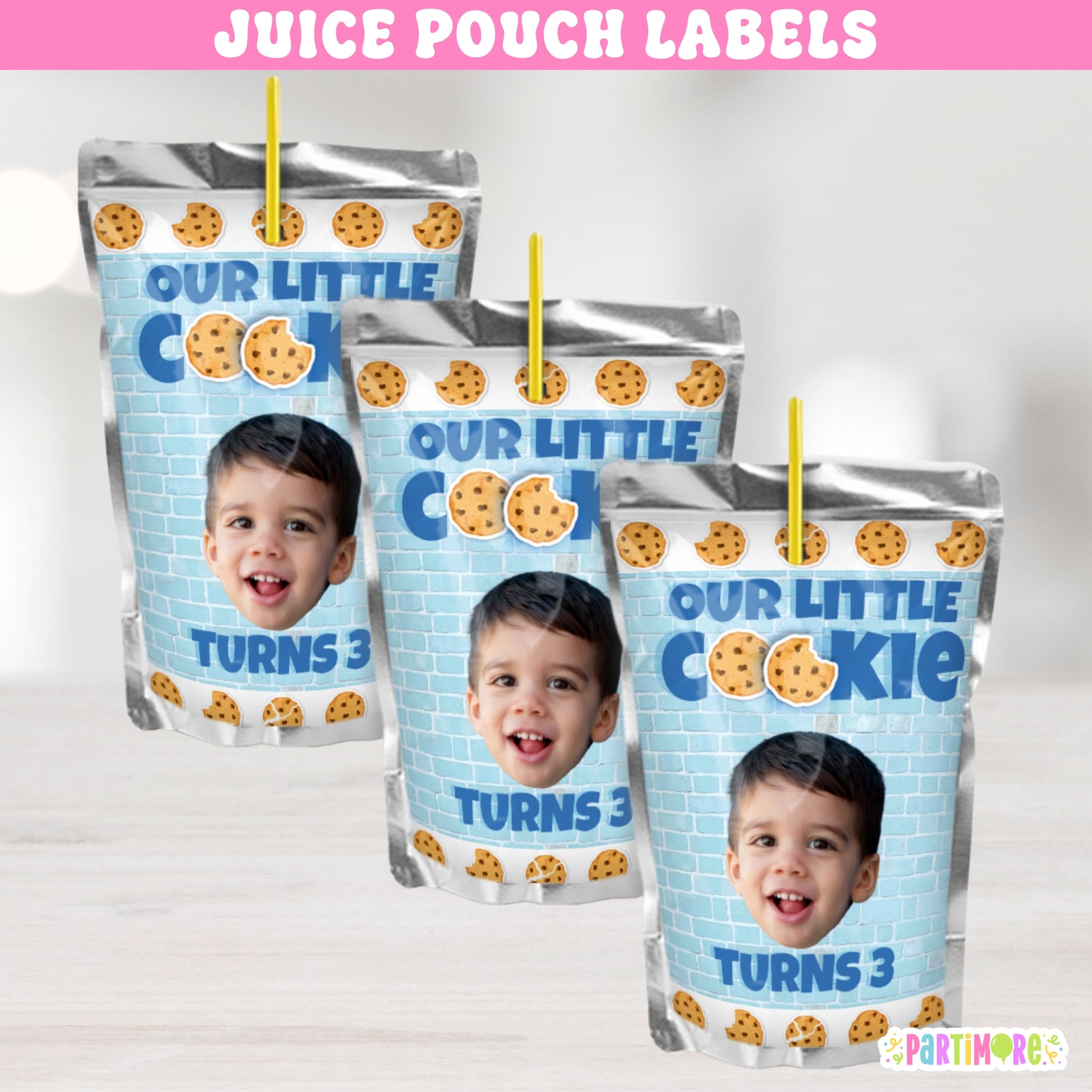 Milk and cookies birthday juice pouch labels, personalized drink wraps with chocolate chip cookies design for party favors