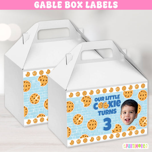 Milk and cookies birthday party gable box labels, cookie and milk carton favor box stickers personalized with name and age
