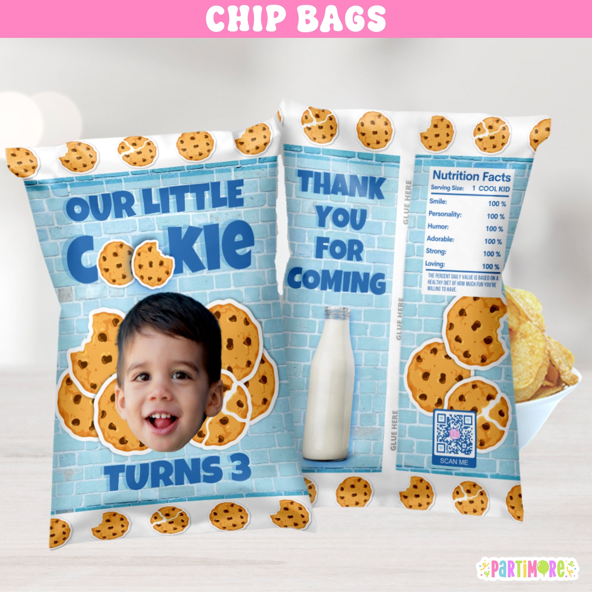 Milk and cookies birthday party chip bag wrappers, personalized cookie and milk carton snack bags for kids’ party favors, custom name and age