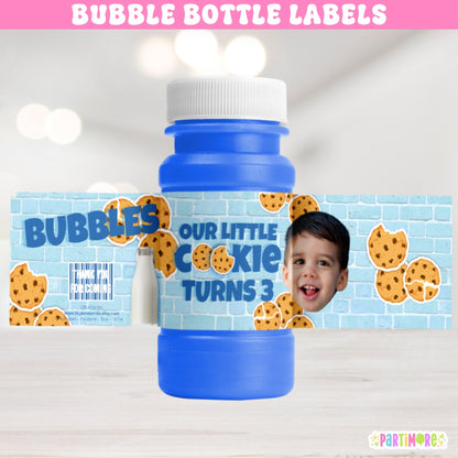 Cookies and milk birthday bubble bottle labels, personalized party favors with cute cookie and milk carton design
