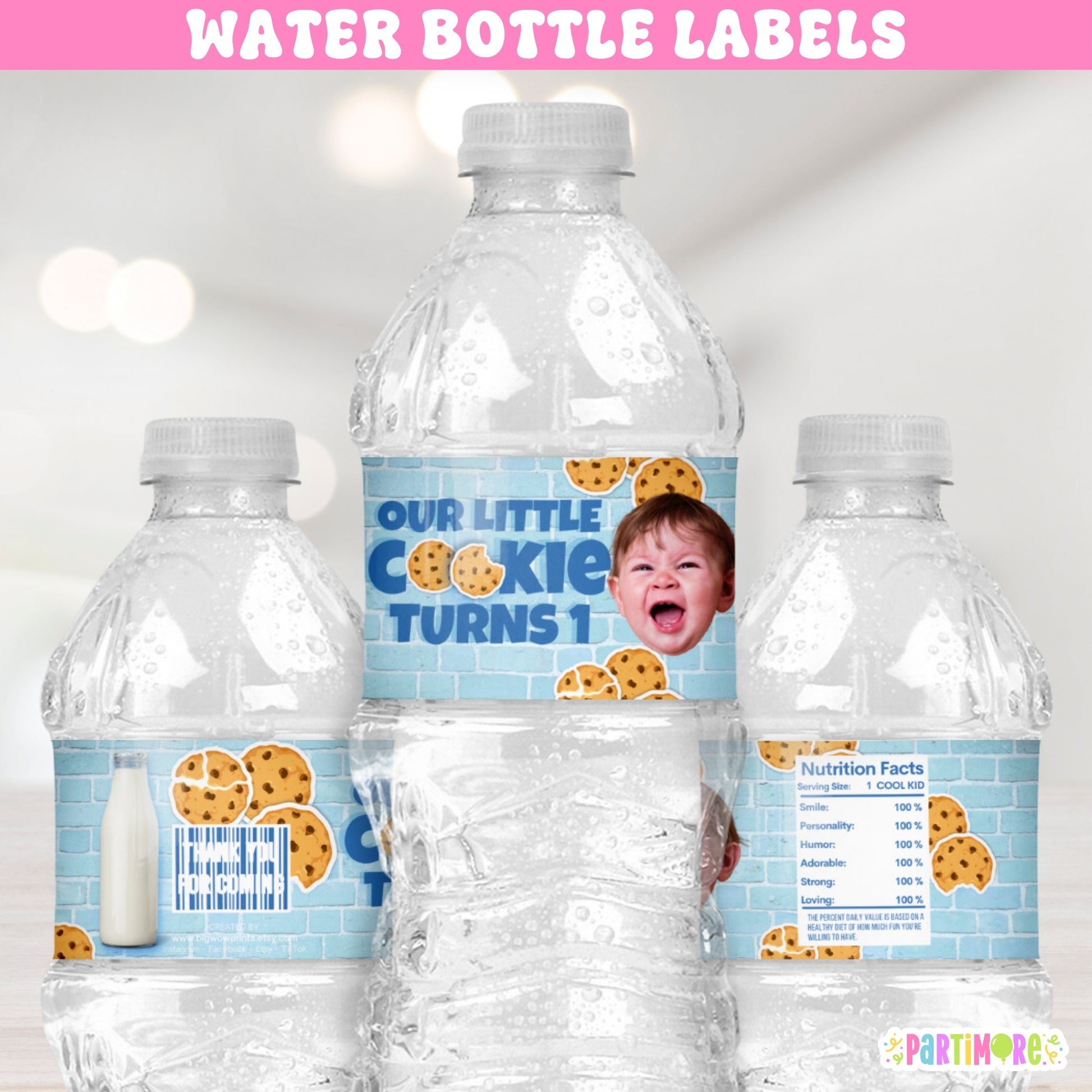Cookies and milk water bottle labels for birthday party, personalized drink wrappers with cookie and milk carton design