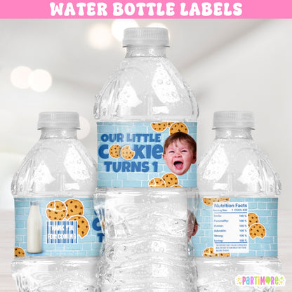 Cookies and milk water bottle labels for birthday party, personalized drink wrappers with cookie and milk carton design