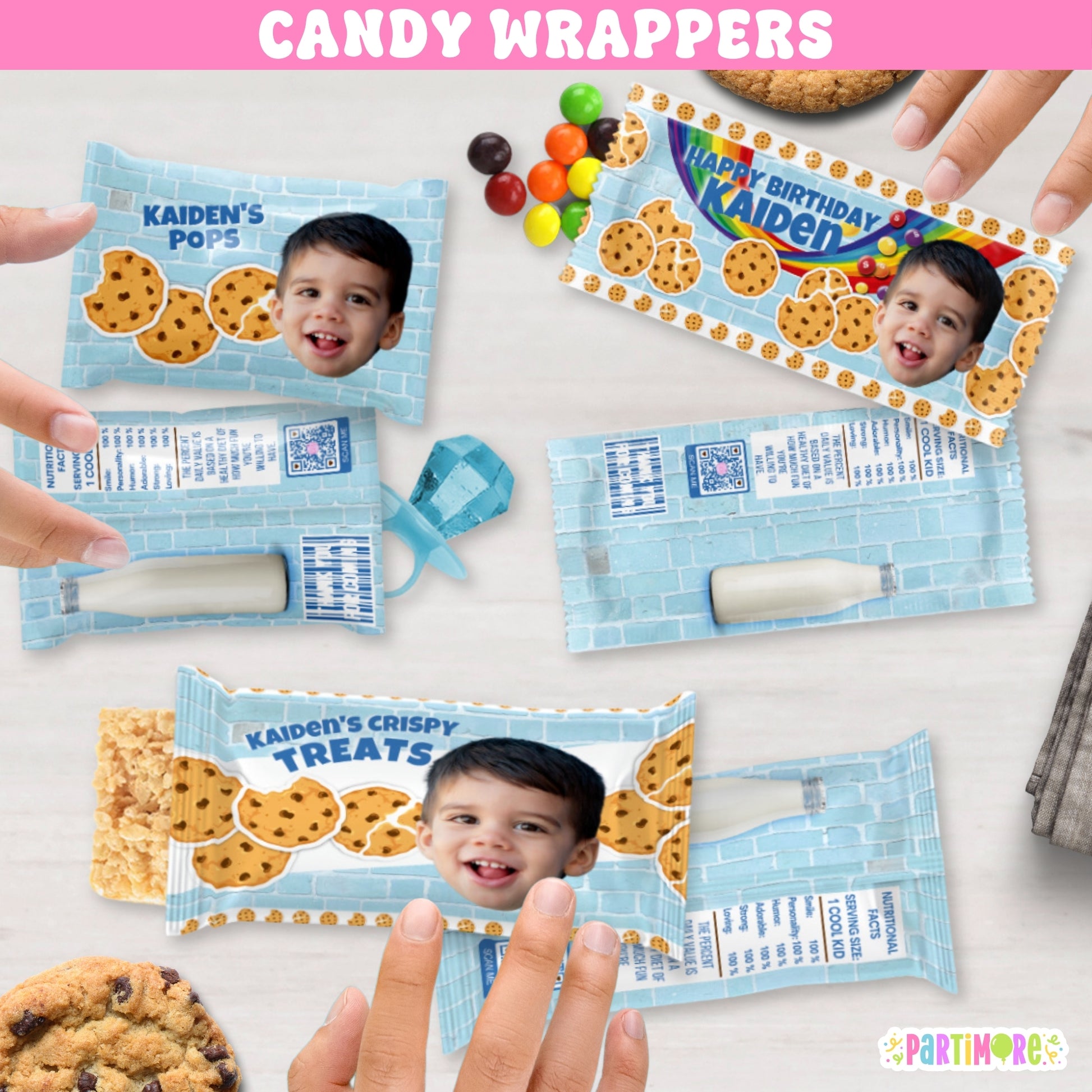 Cookies and milk birthday candy wrappers, personalized chocolate chip cookie and milk carton party favors for kids’ birthday