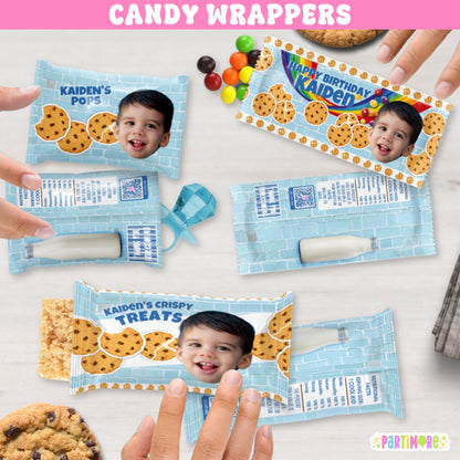 Cookies and milk birthday candy wrappers, personalized chocolate chip cookie and milk carton party favors for kids’ birthday