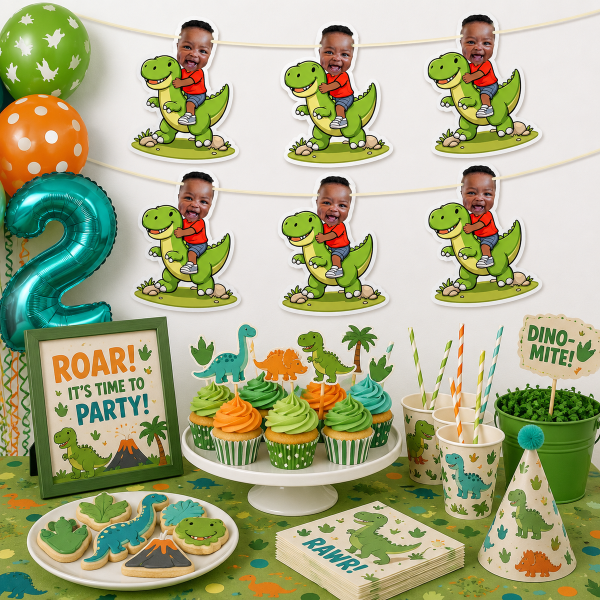 Personalized Dinosaur Birthday Banner with Photo – Custom Dino Party Decorations, 6 Piece Photo Banner