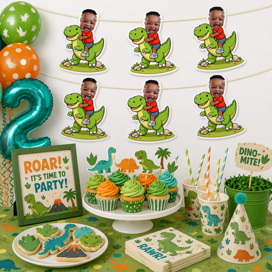 Personalized Dinosaur Birthday Banner with Photo – Custom Dino Party Decorations, 6 Piece Photo Banner