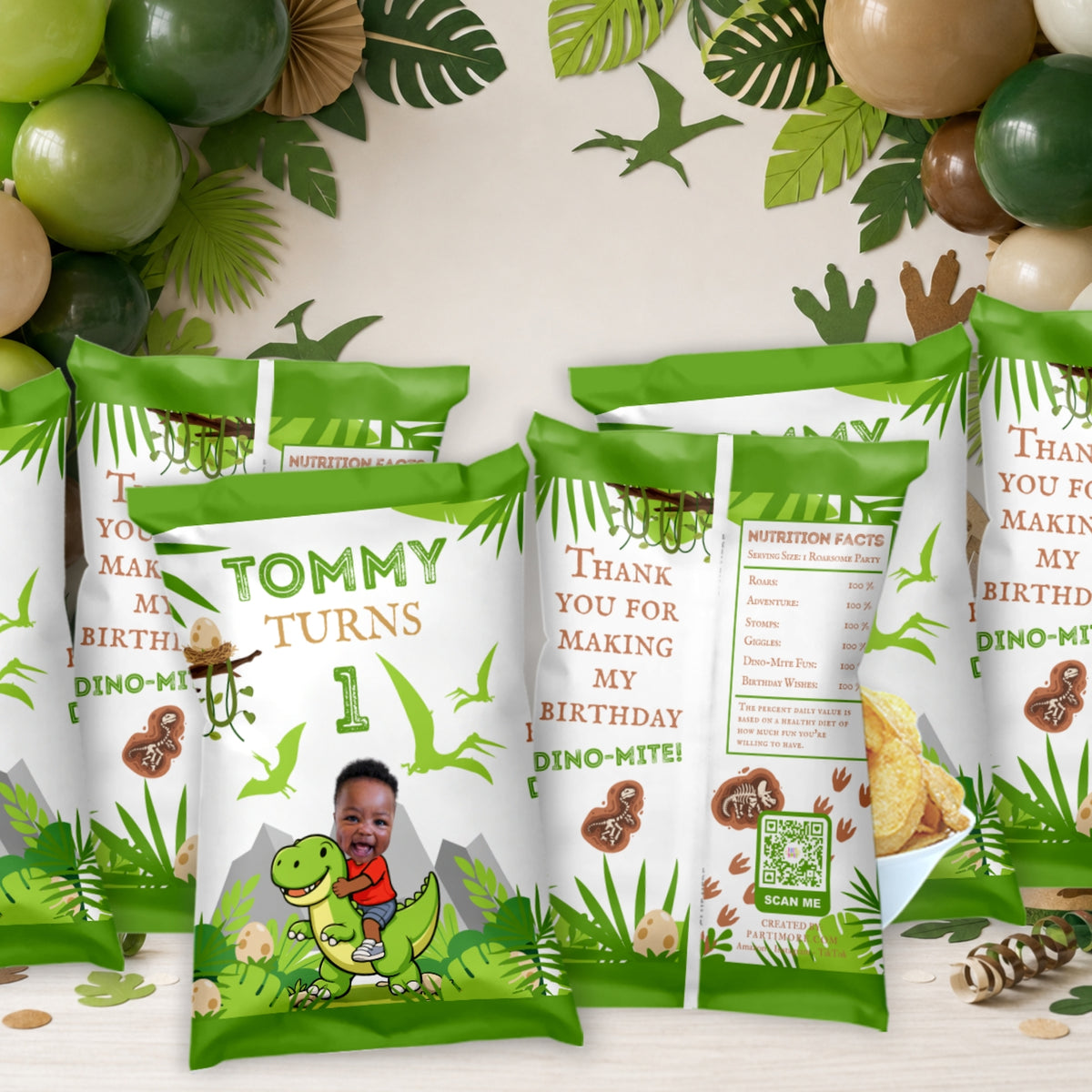 Personalized Dinosaur Chip Bags – Custom Photo Dino Birthday Party Favors, Set of 12