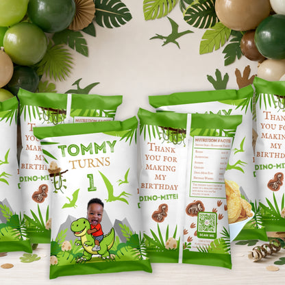 Personalized Dinosaur Chip Bags – Custom Photo Dino Birthday Party Favors, Set of 12