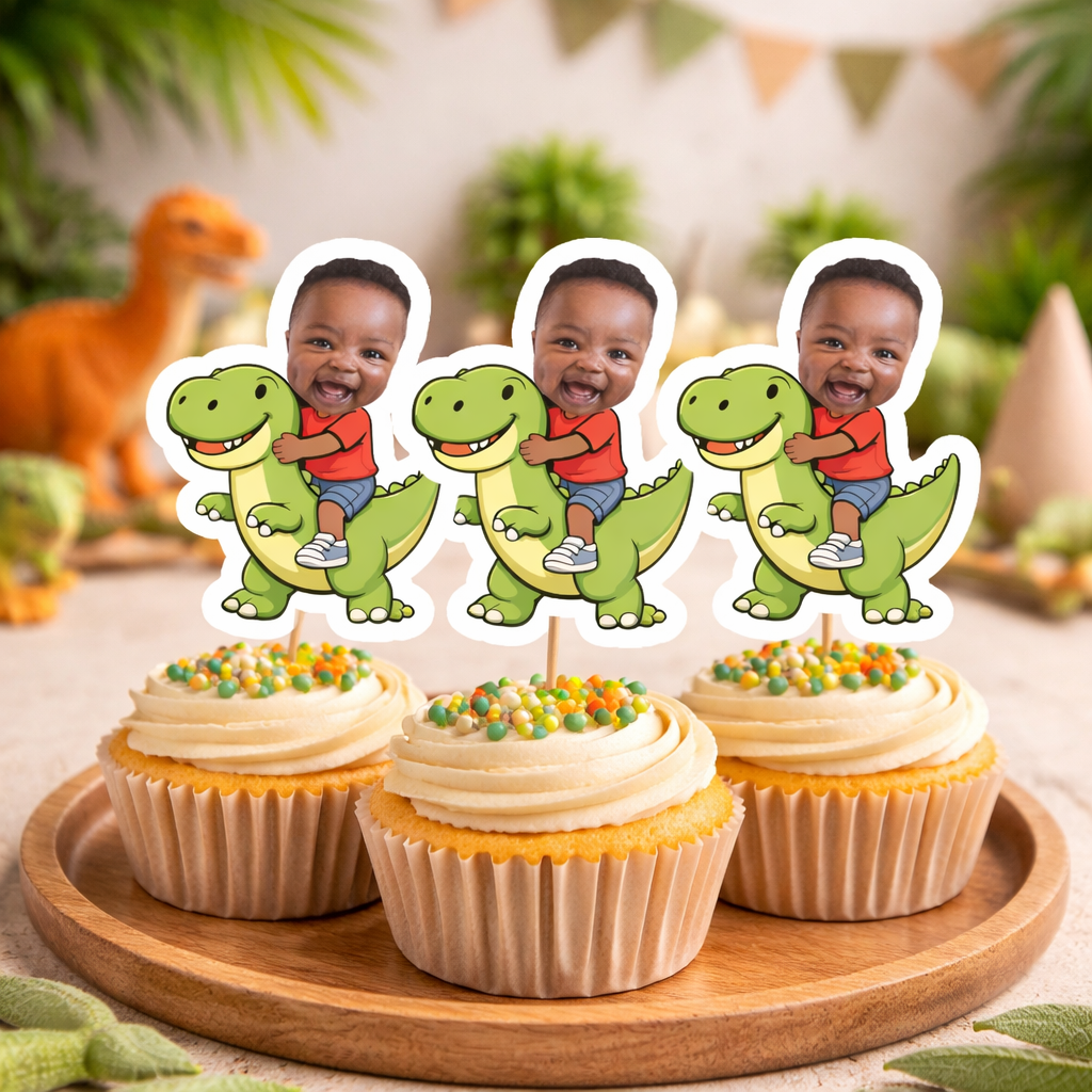 Personalized Dinosaur Cupcake Toppers – Custom Photo Dino Birthday Party Decorations, Set of 12