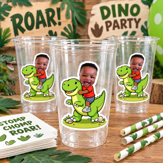 Personalized Dinosaur Birthday Cups – Custom Photo Dino Party Cups, Set of 12