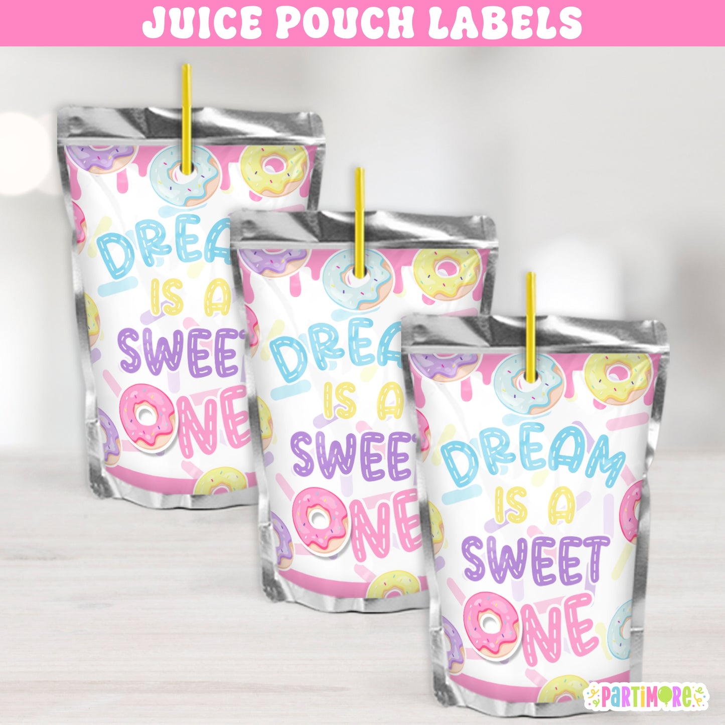 Custom Donut Juice Pouch Stickers | Personalized Girls Two Sweet 2nd Birthday | Sweet One Party Favors