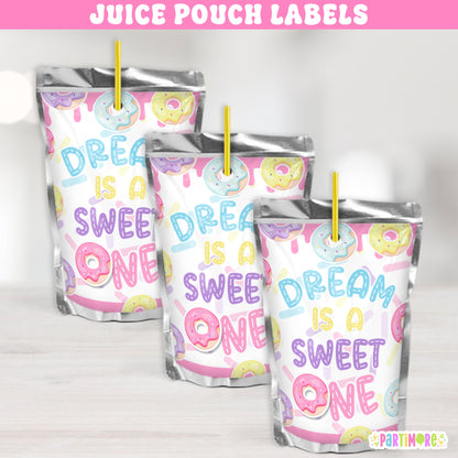 Custom Donut Juice Pouch Stickers | Personalized Girls Two Sweet 2nd Birthday | Sweet One Party Favors