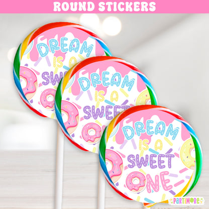 Girls Donut Lollipop Round Stickers | Custom Two Sweet 2nd Birthday | Sweet One 1st Birthday Decorations
