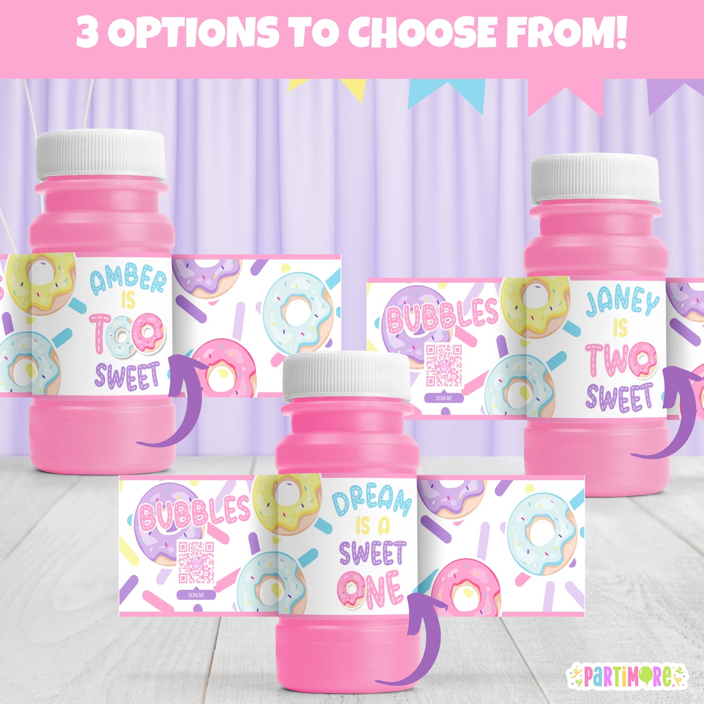 Personalized Donut Bubble Bottle Labels | Custom 2nd Birthday Party Favor | Sweet One Stickers for 1st Birthday