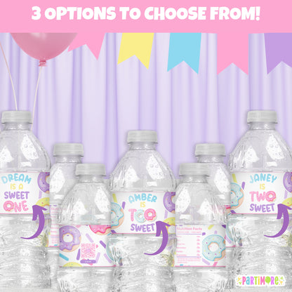 Personalized Donut Water Bottle Labels | Custom Girls Donut Themed Birthday Party Favor Stickers