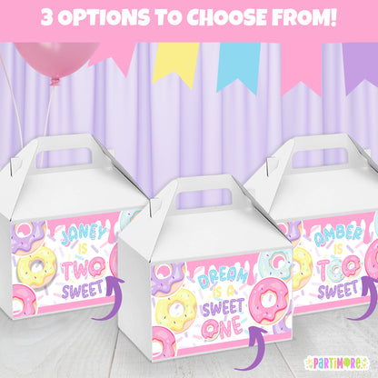 Personalized Donut Gable Box Labels | Sweet One 1st Birthday Decor | Two Sweet 2nd Birthday Party Favor Box Stickers