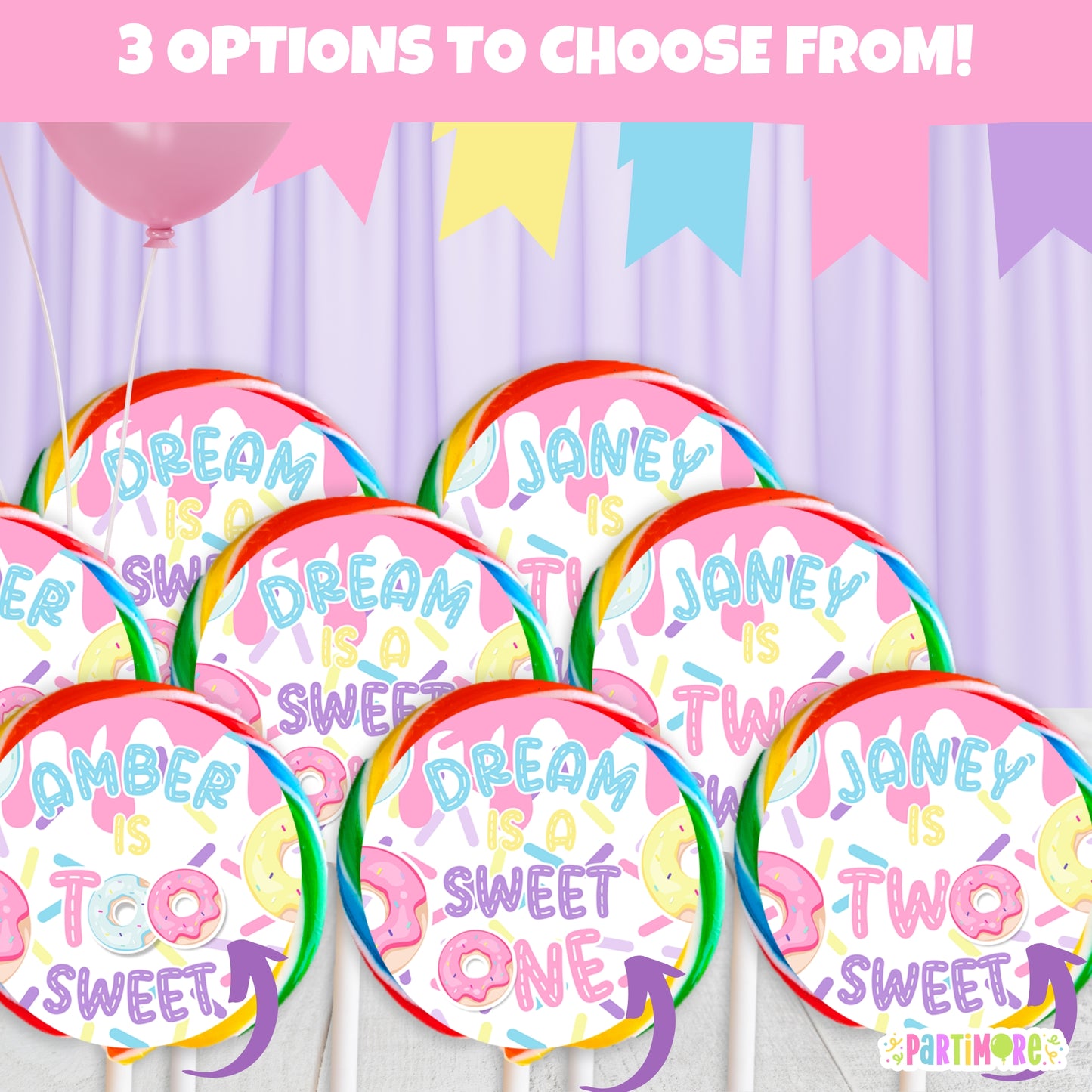 Girls Donut Lollipop Round Stickers | Custom Two Sweet 2nd Birthday | Sweet One 1st Birthday Decorations