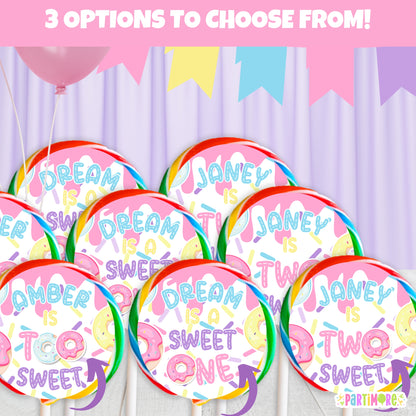 Girls Donut Lollipop Round Stickers | Custom Two Sweet 2nd Birthday | Sweet One 1st Birthday Decorations