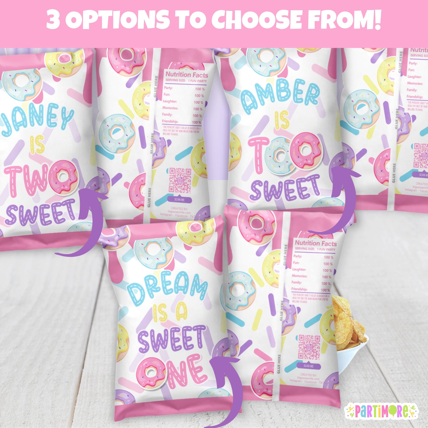 Custom Donut Birthday Chip Bags | Personalized Girls Two Sweet 2nd Birthday Theme Party Favors