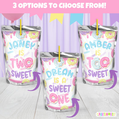Custom Donut Juice Pouch Stickers | Personalized Girls Two Sweet 2nd Birthday | Sweet One Party Favors