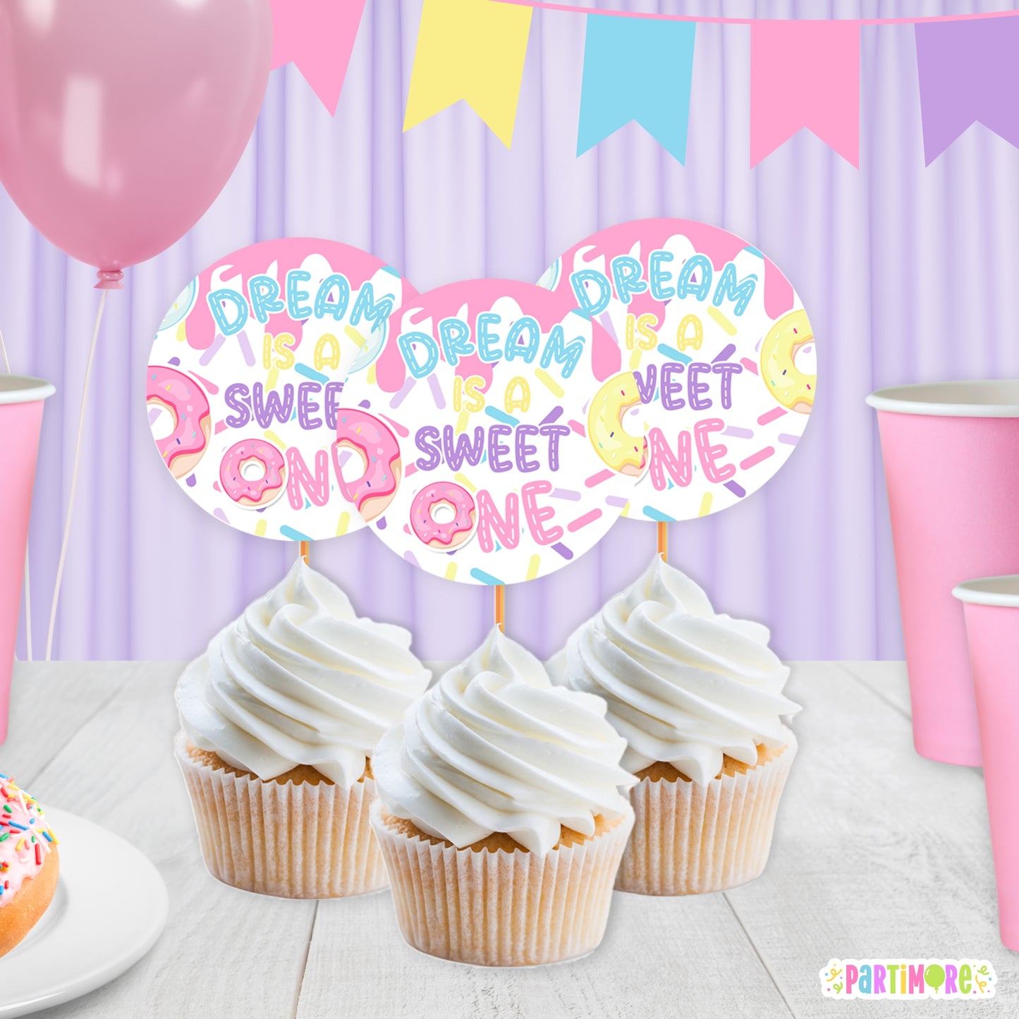 Girls Donut Cupcake Toppers | Custom First Birthday Party Favors | Two Sweet 2nd Birthday Decorations