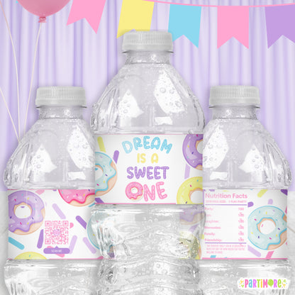 Personalized Donut Water Bottle Labels | Custom Girls Donut Themed Birthday Party Favor Stickers