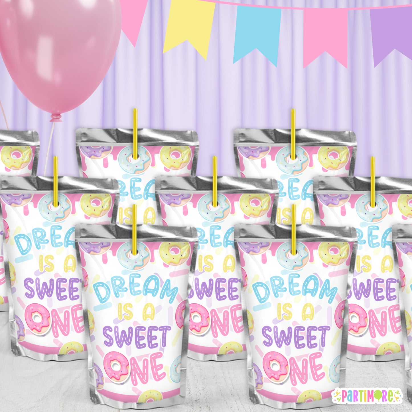 Custom Donut Juice Pouch Stickers | Personalized Girls Two Sweet 2nd Birthday | Sweet One Party Favors