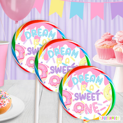 Girls Donut Lollipop Round Stickers | Custom Two Sweet 2nd Birthday | Sweet One 1st Birthday Decorations