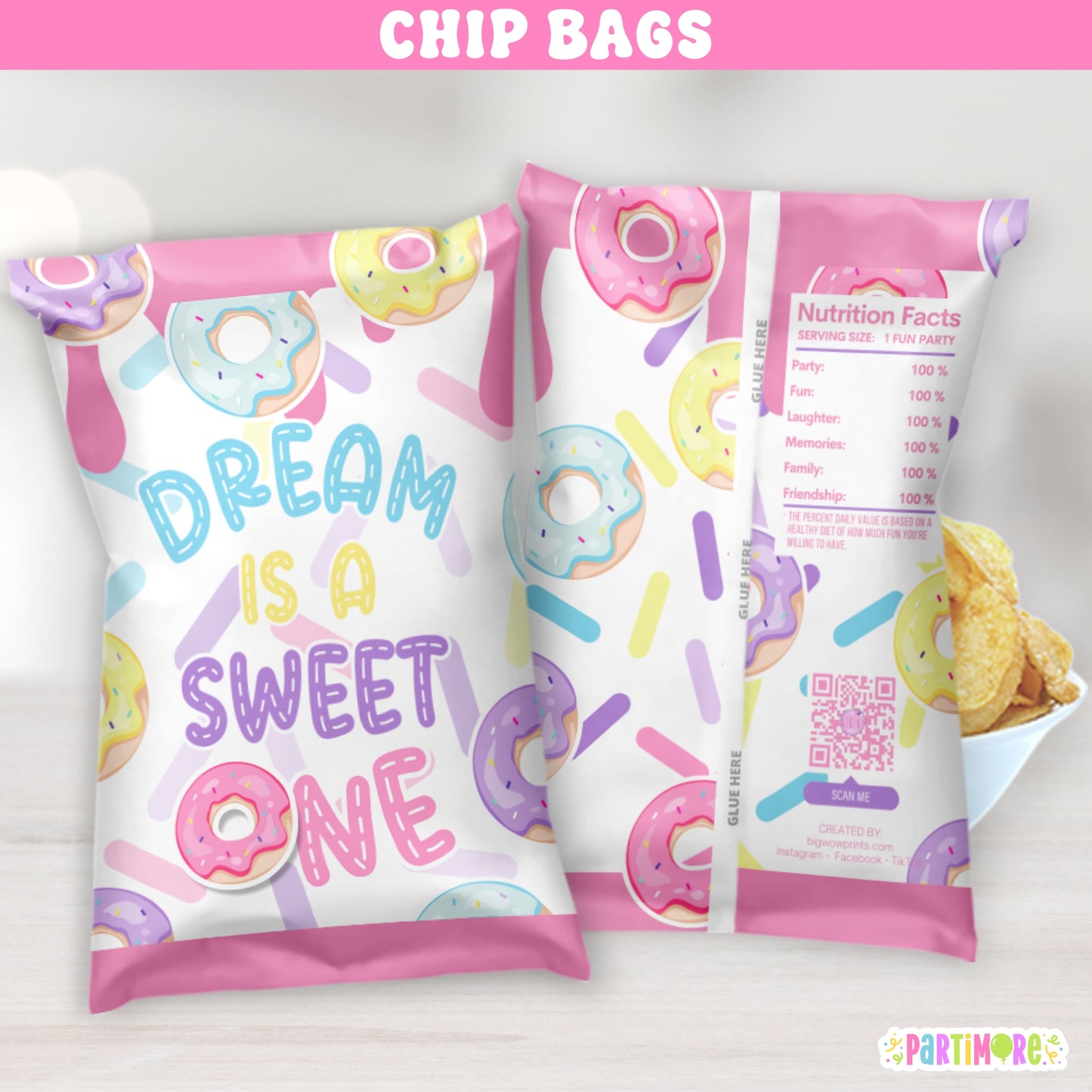 Custom Donut Birthday Chip Bags | Personalized Girls Two Sweet 2nd Birthday Theme Party Favors