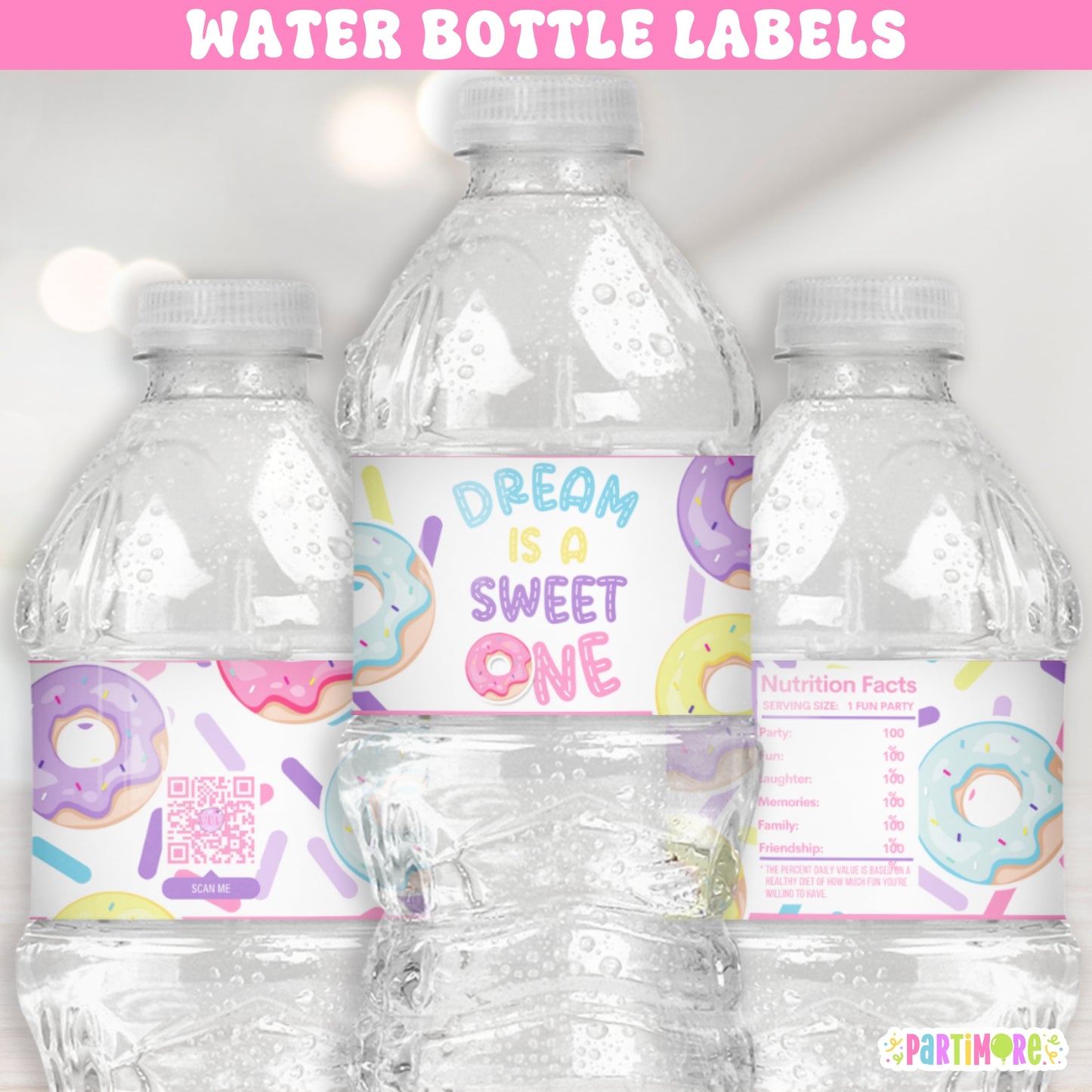 Personalized Donut Water Bottle Labels | Custom Girls Donut Themed Birthday Party Favor Stickers