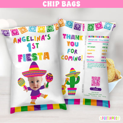 Girly fiesta birthday custom chip bag favor in pink, blue, purple, green, and yellow with sombrero, maracas, and floral cactus design – custom printable snack bag for girls’ Mexican birthday or taco party