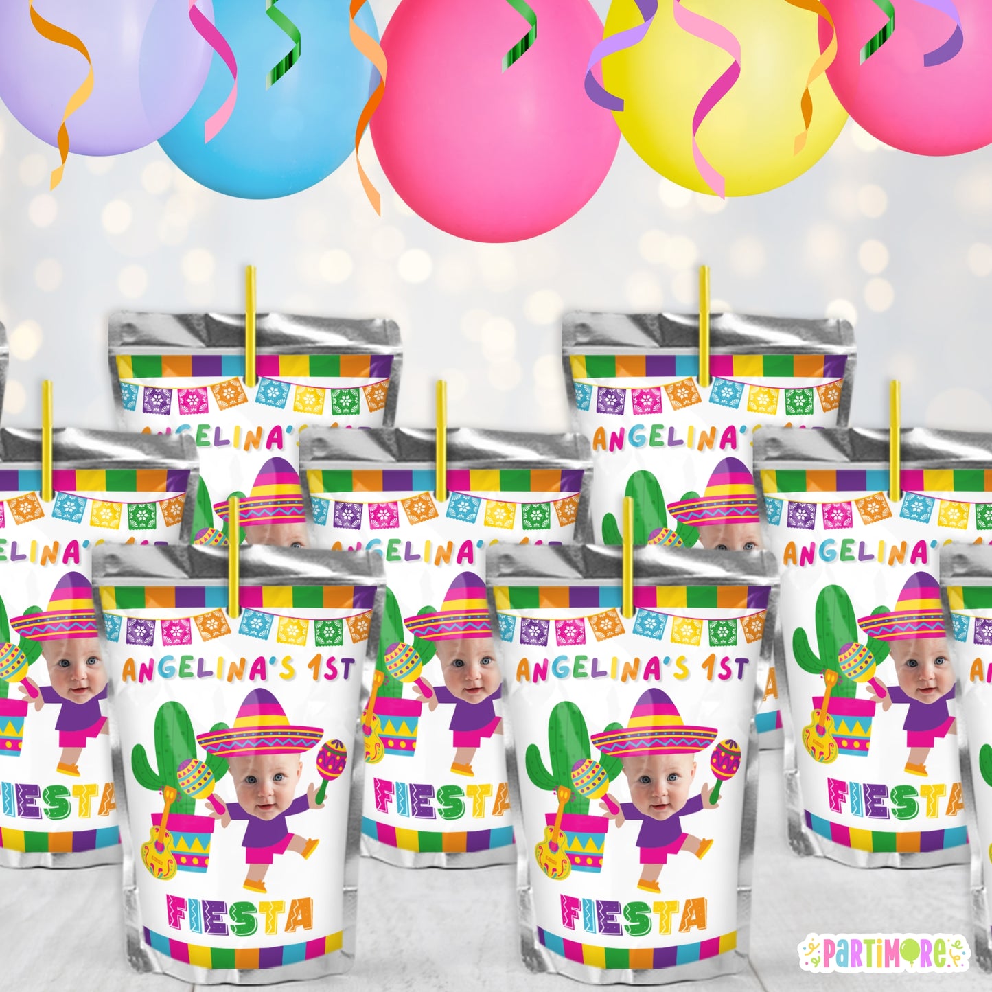 Girls Fiesta Juice Pouch Labels | Personalized 3rd Birthday Party Decorations | Three-esta Stickers