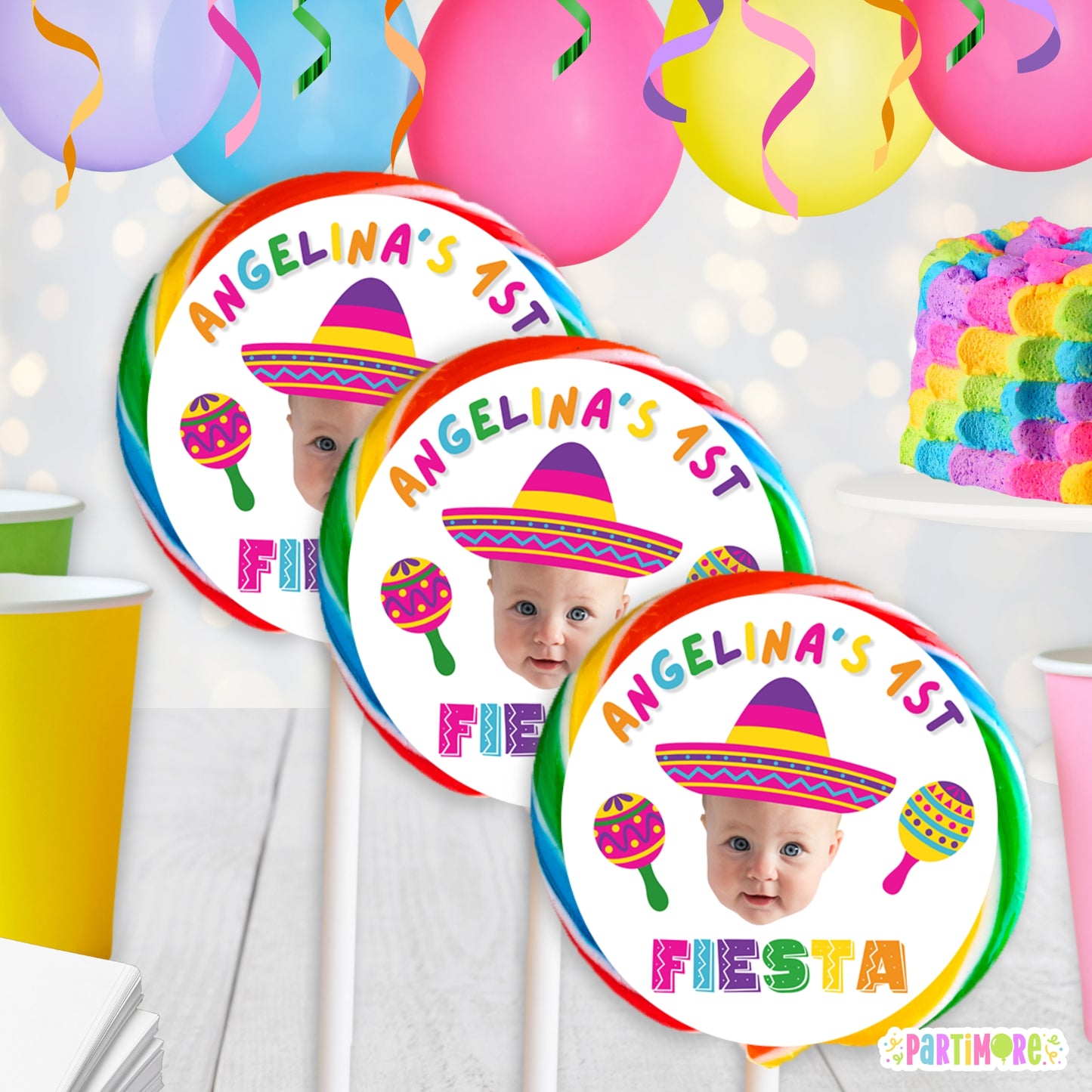 Girls Fiesta Round Lollipop Stickers | Personalized Cinco De May Party Favors | Three-esta 3rd Birthday Decorations