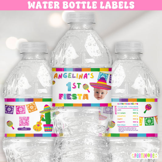 Personalized Fiesta Water Bottle Labels | 3rd Birthday Drink Wraps for Girls | Cinco De Mayo Party Favors