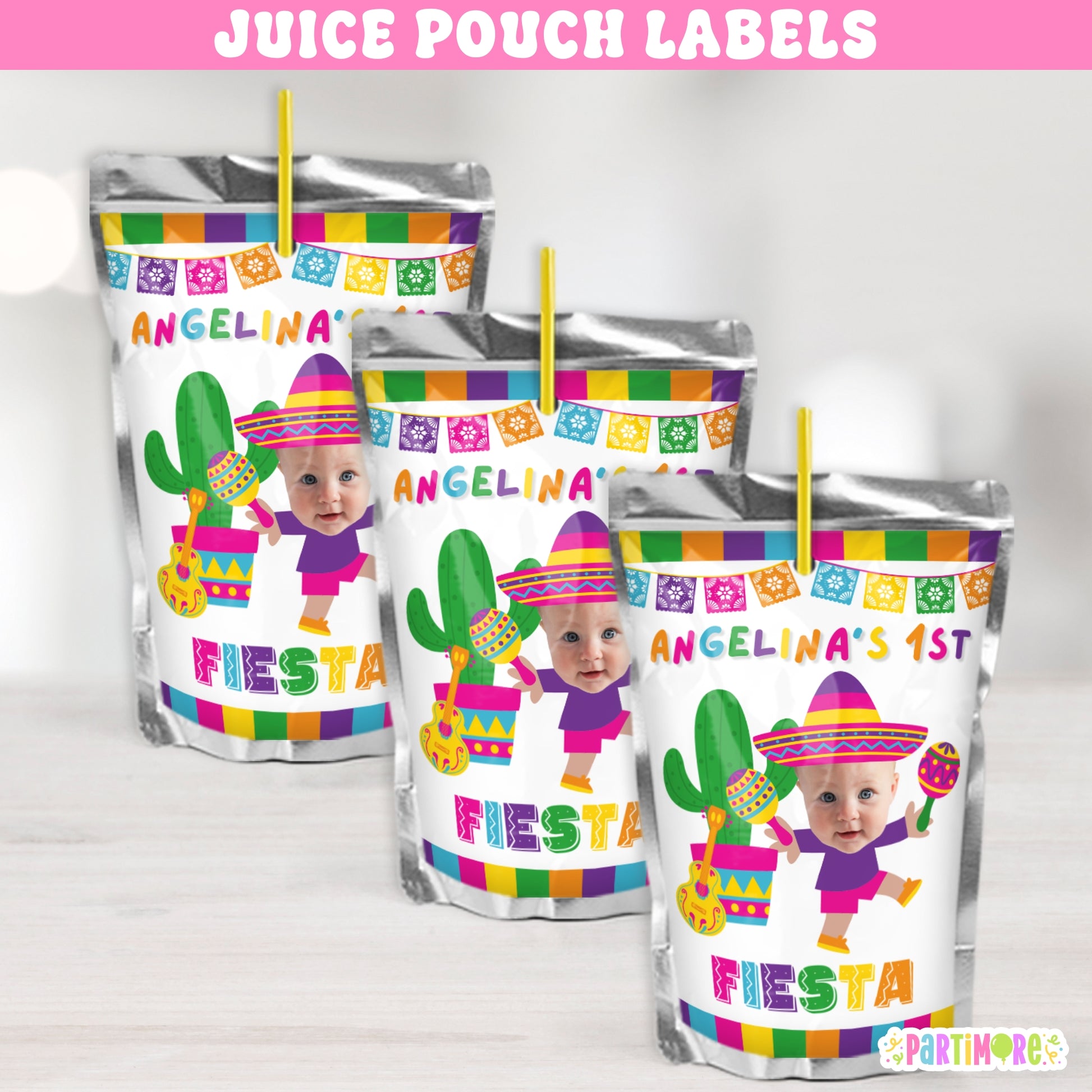 Fiesta birthday juice pouch label in girly pink, blue, purple, green and yellow papel, with sombrero, maracas, and floral accents – perfect for girls’ taco party or Mexican birthday drinks