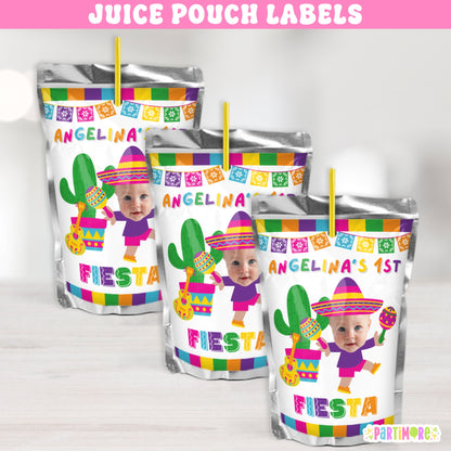 Fiesta birthday juice pouch label in girly pink, blue, purple, green and yellow papel, with sombrero, maracas, and floral accents – perfect for girls’ taco party or Mexican birthday drinks