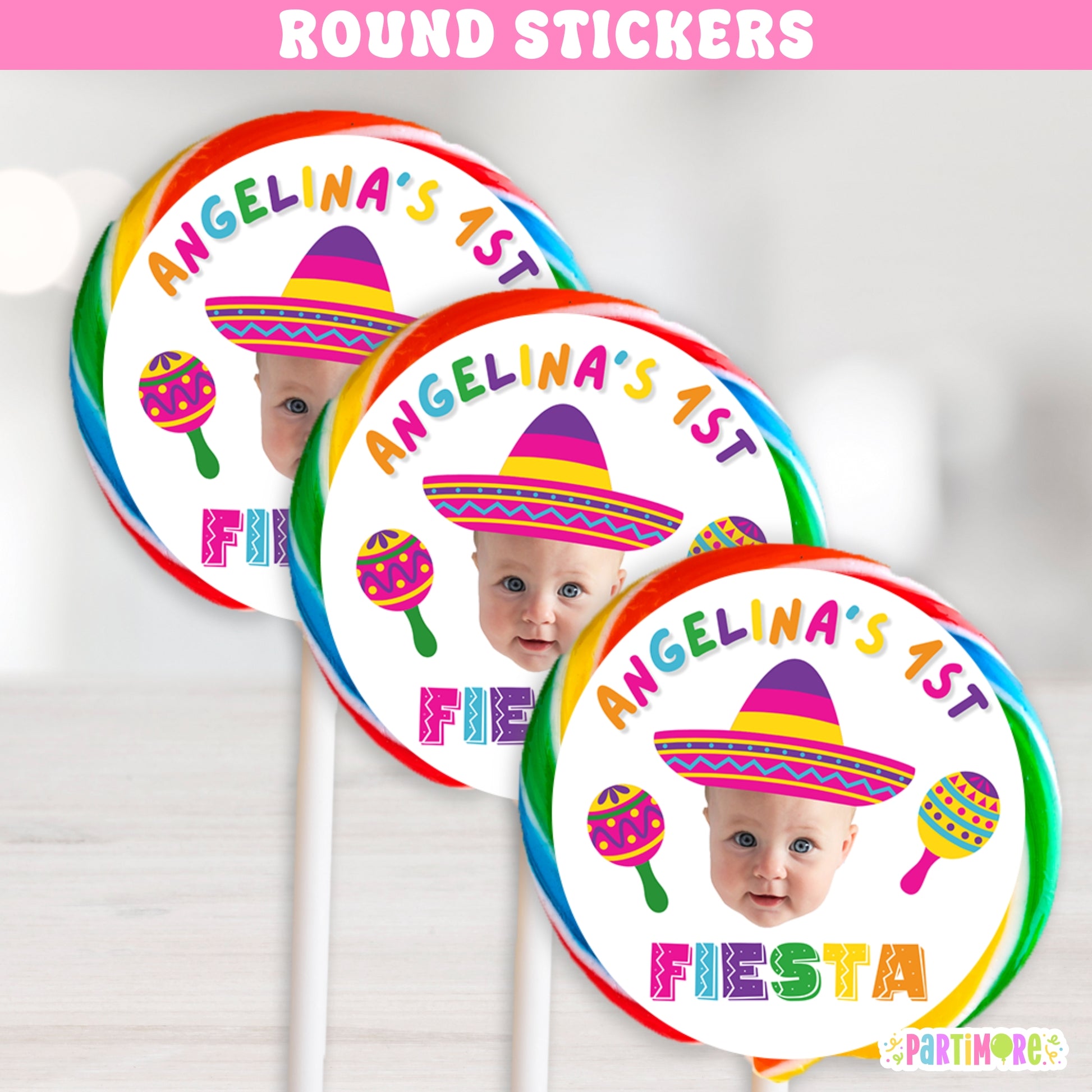 Round fiesta party favor sticker in girly colors with sombrero, maracas, and floral cactus – girls’ Mexican birthday or taco party label