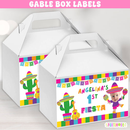 Girls Fiesta Party Gable Box Labels | Personalized Cinco De Mayo 3rd Birthday Decor| Three-esta Party Favors