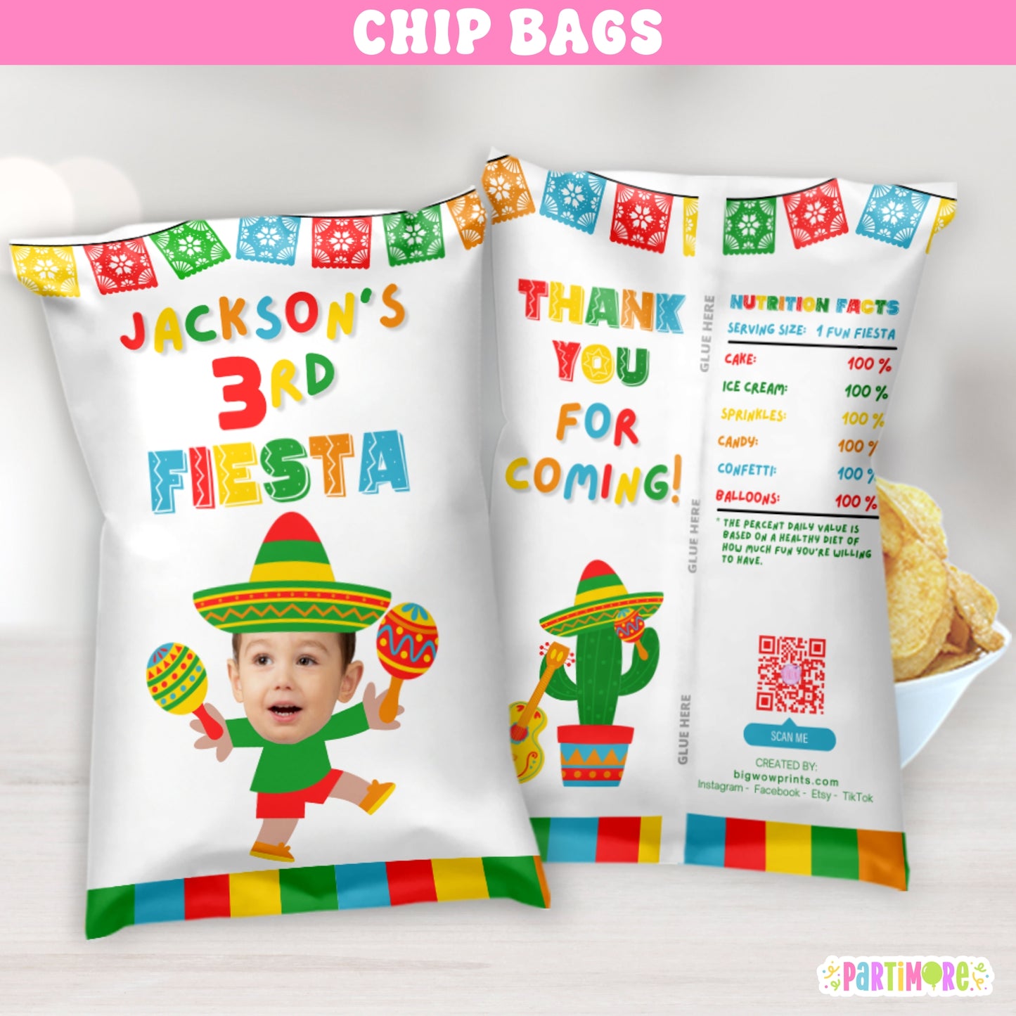 Personalized Fiesta birthday chip bag favor in bold traditional colors with sombrero, maracas, and Mexican fiesta party decorations – custom snack bag for boys’ birthday celebration